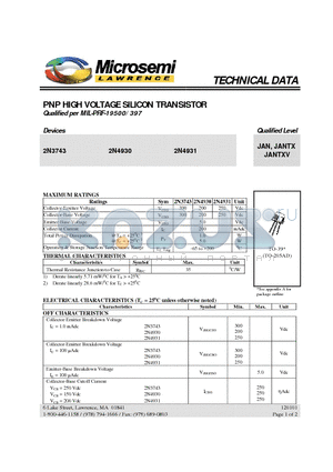 2N4930 datasheet - PNP HIGH VOLTAGE SILICON TRANSISTOR
