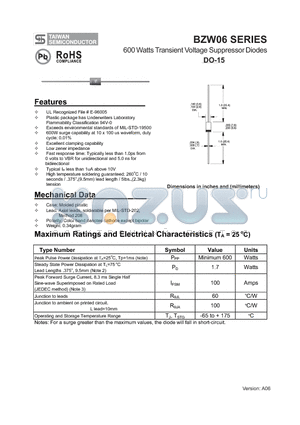 BZW06-13 datasheet - 600 Watts Transient Voltage Suppressor Diodes