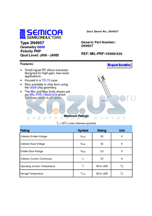 2N4957 datasheet - Type 2N4957 Geometry 0006 Polarity PNP