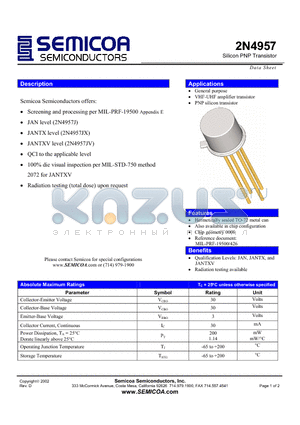 2N4957 datasheet - Silicon PNP Transistor