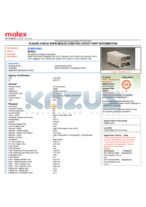 76091-0003 datasheet - Small Form-factor Pluggable Plus (SFP) Stacked 2-by-2 Multi-Port Connector with 2 Inner Lightpipe Ports