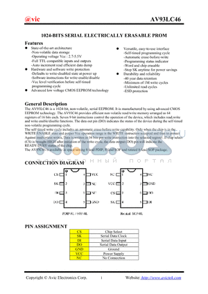 AV93LC46 datasheet - 1024-BITS SERIAL ELECTRICALLY ERASABLE PROM