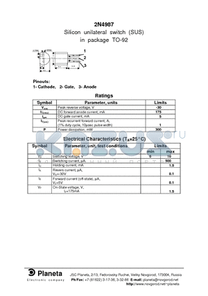 2N4987 datasheet - Silicon unilateral switch (SUS) in package TO-92