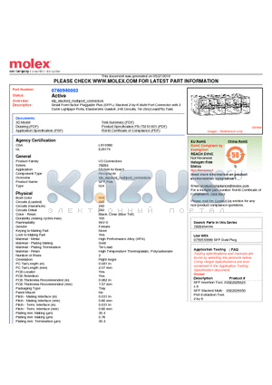 760940003 datasheet - Small Form-factor Pluggable Plus (SFP) Stacked 2-by-6 Multi-Port Connector with 2 Outer Lightpipe Ports, Elastomeric Gasket, 240 Circuits, Tin (Sn)/Lead(Pb) Tails