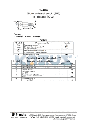 2N4988 datasheet - Silicon unilateral switch (SUS) in package TO-92