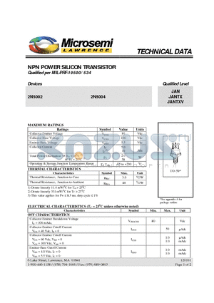 2N5002 datasheet - NPN POWER SILICON TRANSISTOR