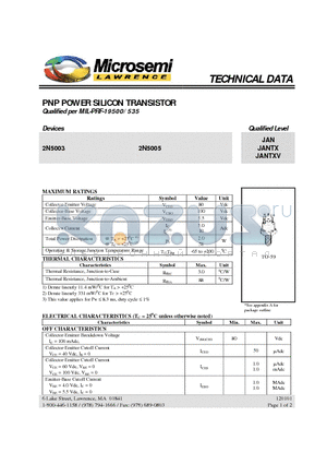 2N5003 datasheet - PNP POWER SILICON TRANSISTOR