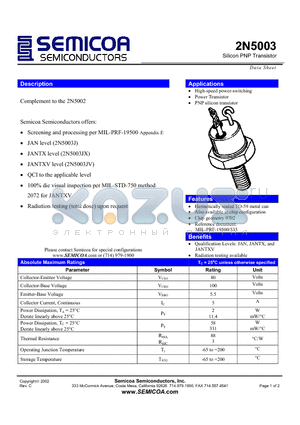 2N5003 datasheet - Silicon PNP Transistor