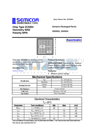 2N5004 datasheet - Chip Type 2C5004 Geometry 9202 Polarity NPN