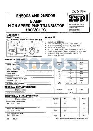 2N5005 datasheet - 5 AMP HIGH SPEED PNP TRANSISTOR 100 VOLTS