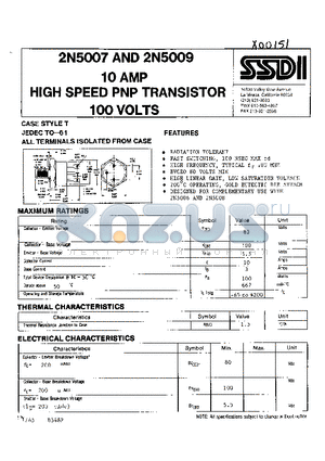 2N5009 datasheet - 10 AMP HIGH SPEED PNP TRANSISTOR