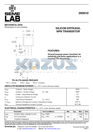 2N5010 datasheet - SILICON EPITAXIAL NPN TRANSISTOR