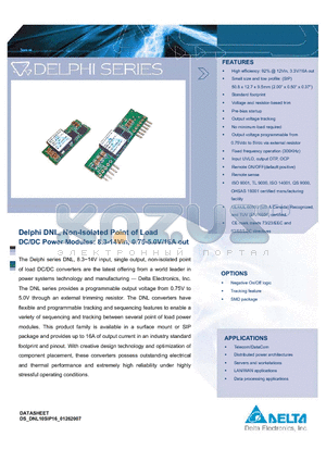 DNM10S0A0R16PFD datasheet - Delphi DNL, Non-Isolated Point of Load DC/DC Power Modules: 8.3-14Vin, 0.75-5.0V/16A out