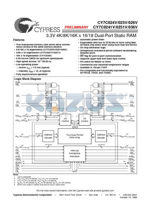 CY7C0241V datasheet - 3.3V 4K/8K/16K x 16/18 Dual-Port Static RAM