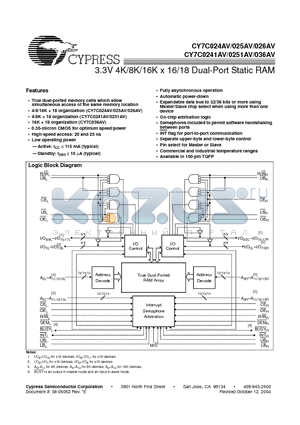 CY7C024AV-20AC datasheet - 3.3V 4K/8K/16K x 16/18 Dual-Port Static RAM