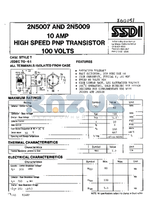 2N5007 datasheet - 10 AMP HIGH SPEED PNP TRANSISTOR