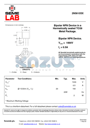2N5015SX datasheet - Bipolar NPN Device in a Hermetically sealed TO39