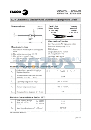 BZW06-273 datasheet - 600 W Unidirectional and Bidirectional Transient Voltage Suppressor Diodes