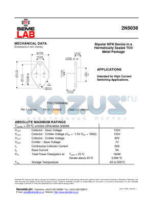 2N5038 datasheet - Bipolar NPN Device in a Hermetically Sealed TO3