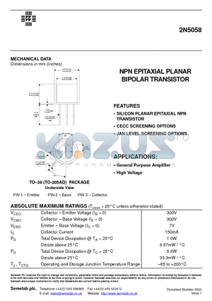 2N5058 datasheet - NPN EPITAXIAL PLANAR BIPOLAR TRANSISTOR