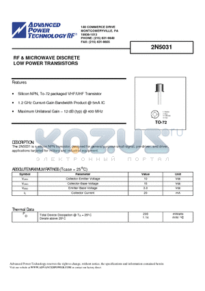 2N5031 datasheet - RF & MICROWAVE DISCRETE LOW POWER TRANSISTORS