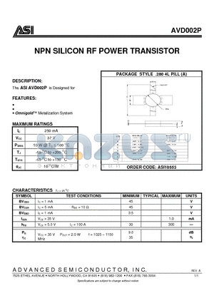 AVD002P datasheet - NPN SILICON RF POWER TRANSISTOR