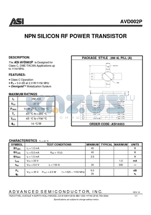 AVD002P datasheet - NPN SILICON RF POWER TRANSISTOR