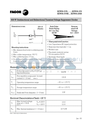 BZW06-376 datasheet - 600 W Unidirectional and Bidirectional Transient Voltage Suppressor Diodes