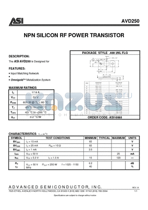 AVD250 datasheet - NPN SILICON RF POWER TRANSISTOR
