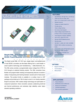 DNS10S0A0R06NFD datasheet - Delphi DNL, Non-Isolated Point of Load DC/DC Power Modules: 8.3-14Vin, 0.75-5.0V/16A out