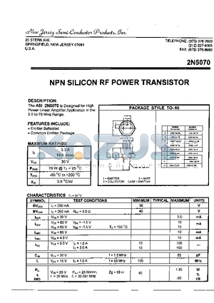 2N5070 datasheet - NPN SILICON RF POWER TRANSISTOR