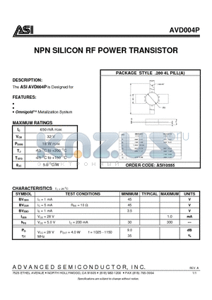 AVD004P datasheet - NPN SILICON RF POWER TRANSISTOR