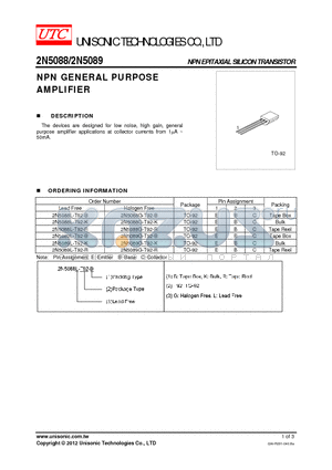 2N5088G-T92-B datasheet - NPN GENERAL PURPOSE AMPLIFIER