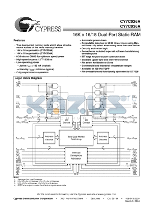 CY7C026A-15AC datasheet - 16K x 16/18 Dual-Port Static RAM