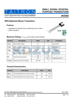 2N5089 datasheet - SMALL SIGNAL GENERAL PURPOSE TRANSISTORS