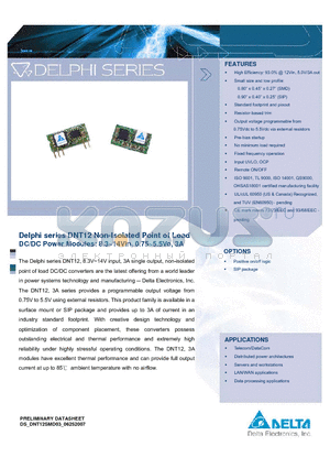 DNT12S0A0R03NFA datasheet - Delphi series DNT12 Non-Isolated Point of Load DC/DC Power Modules: 8.3~14Vin, 0.75~5.5Vo, 3A