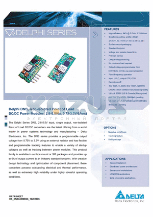DNS10S0A0R06PFD datasheet - Delphi DNS, Non-Isolated Point of Load DC/DC Power Modules: 2.8-5.5Vin, 0.75-3.3V/6Aout