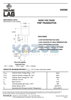 2N5096 datasheet - HIGH VOLTAGE PNP TRANSISTOR