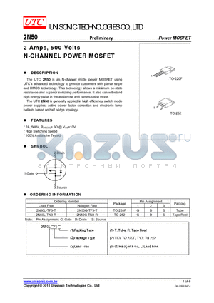 2N50G-TF3-T datasheet - 2 Amps, 500 Volts N-CHANNEL POWER MOSFET