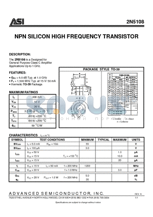 2N5108 datasheet - NPN SILICON HIGH FREQUENCY TRANSISTOR