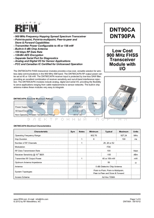 DNT90CA datasheet - 900 MHz Frequency Hopping Spread Spectrum Transceiver