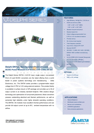 DNT04S0A0S03NFA datasheet - Non-Isolated Point of Load DC/DC Power Modules: 2.4~5.5Vin, 0.75~3.3Vo, 3A out