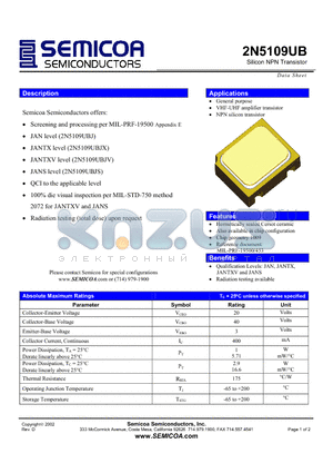 2N5109UB datasheet - Silicon NPN Transistor