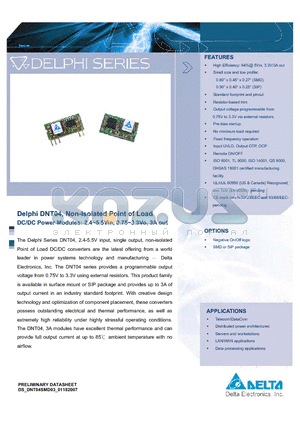 DNT04 datasheet - Non-Isolated Point of Load DC/DC Power Modules: 2.4~5.5Vin, 0.75~3.3Vo, 3A out