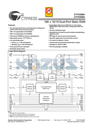 CY7C036A-20AC datasheet - 16K x 16/18 Dual-Port Static RAM