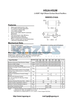 DO-214AA datasheet - 2.0AMP. High Efficient Surface Mount Rectifiers