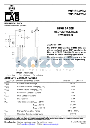 2N5153-220M datasheet - HIGH SPEED MEDIUM VOLTAGE