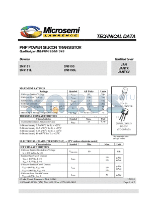 2N5153L datasheet - PNP POWER SILICON TRANSISTOR