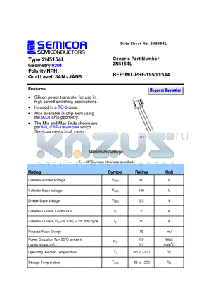 2N5154L datasheet - Type 2N5154L Geometry 9201 Polarity NPN