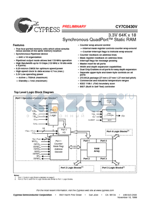 CY7C0430V-100BGC datasheet - 3.3V 64K x 18 Synchronous QuadPort Static RAM